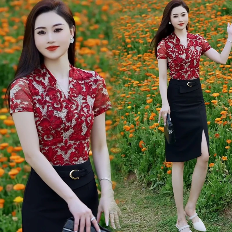 设计感网纱修身时尚上衣2025夏季减龄气质打底衫v领女装弹力