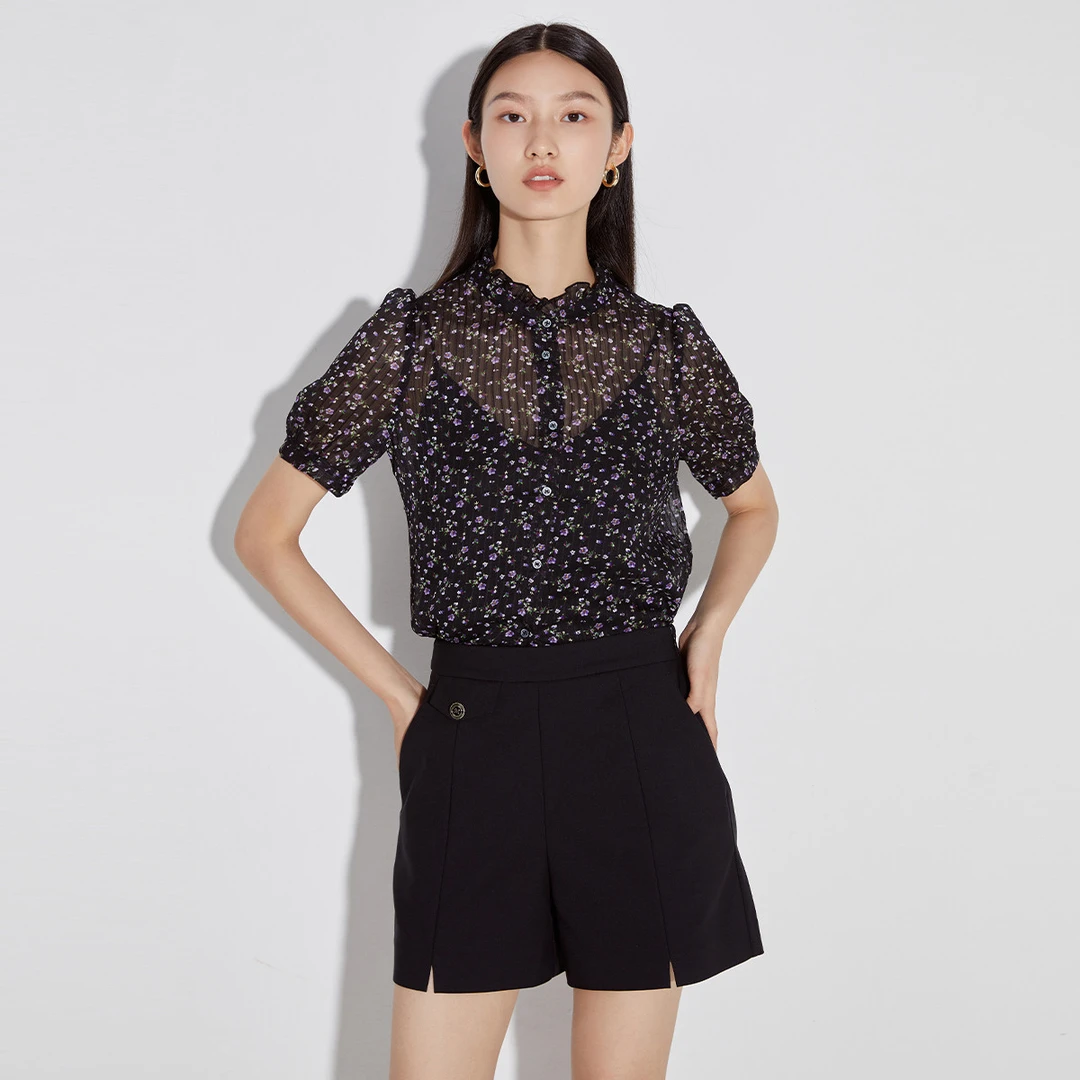 【芋总专属】气质雪纺衬衫衬衣泡泡袖小衫黑色高腰荷叶边M310361