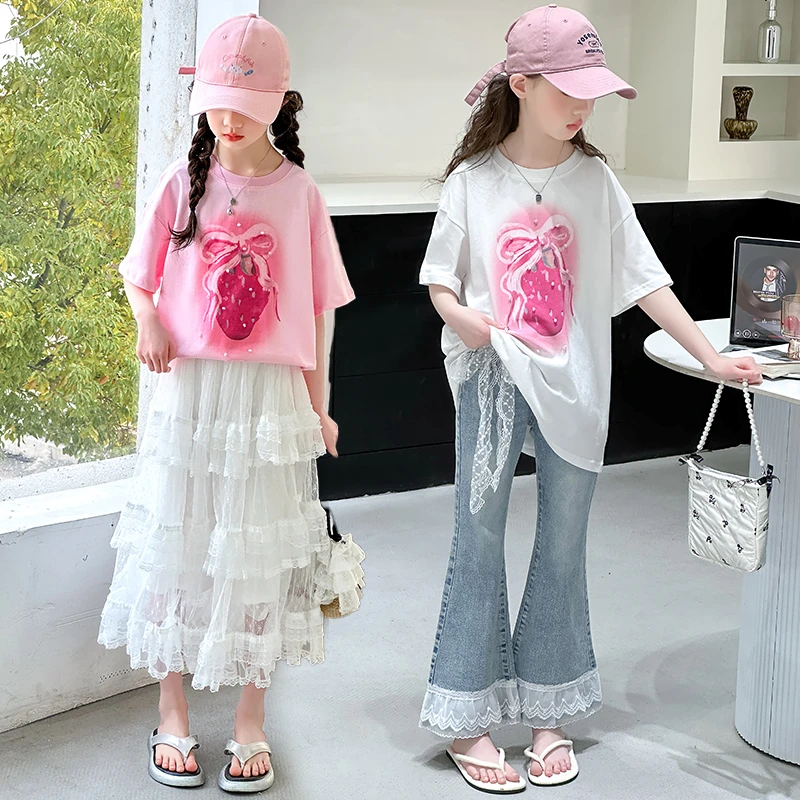 女童短袖夏季薄款大儿童休闲宽松半袖T蕾丝半身裙牛仔喇叭裤套装