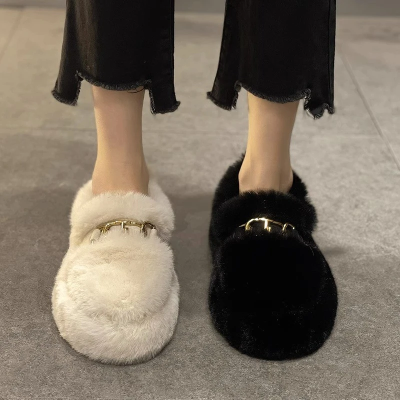 白色包跟毛毛鞋女外穿2025冬季新款加绒女鞋一脚蹬懒人厚底豆豆鞋
