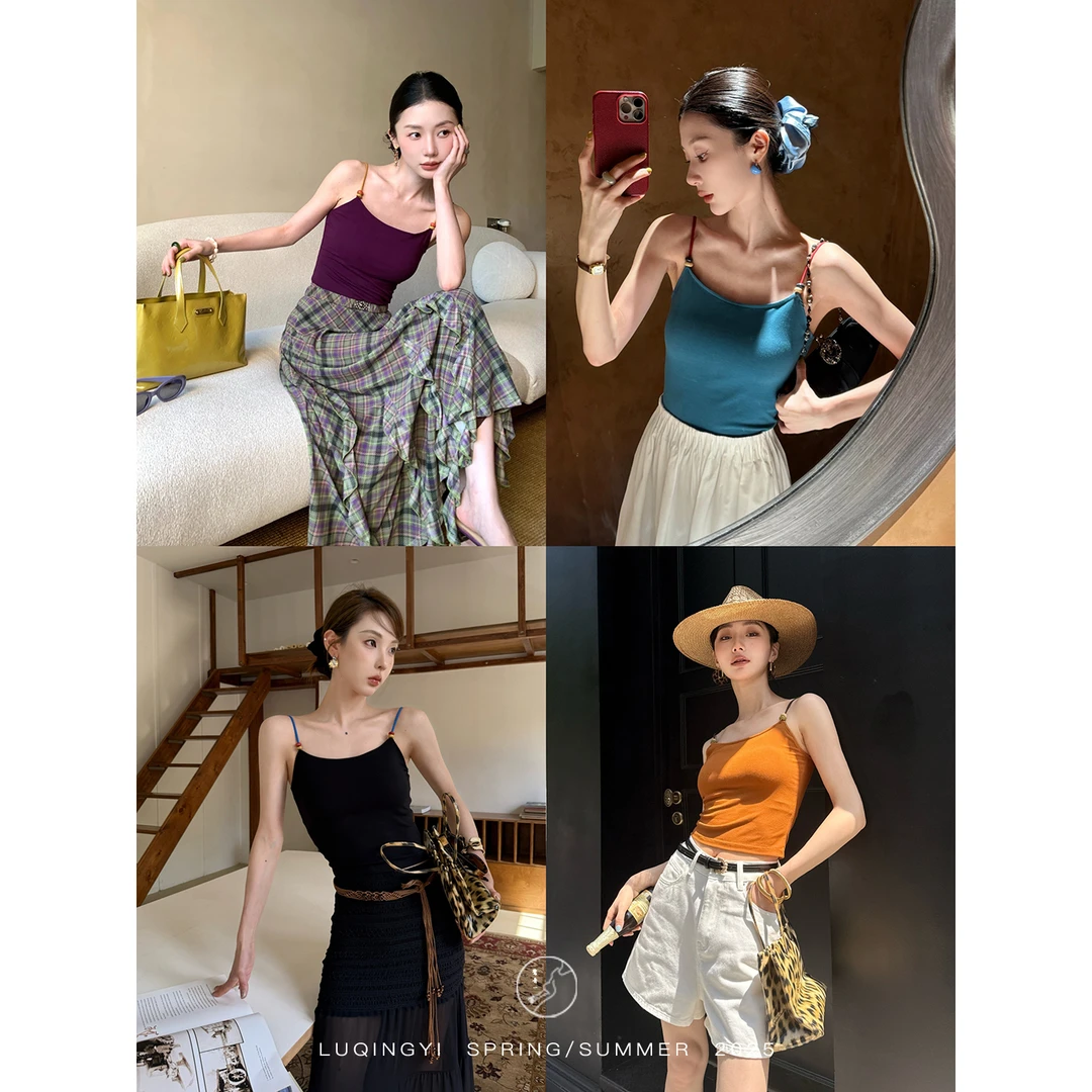 鹭青一原创【自得】软糯夏撞色带胸垫无袖夏款上衣L25L7472BB