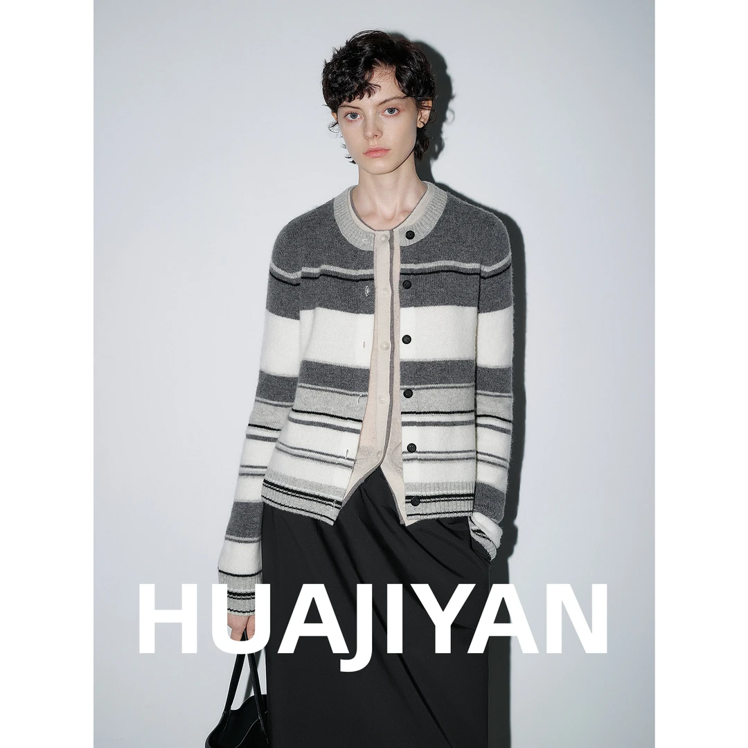 华吉言/HUAJIYAN【富士山下】100羊毛经典拼色条纹针织圆领上衣开衫