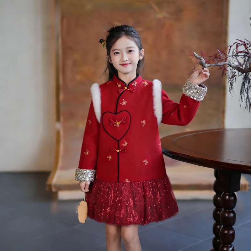 54033女童拜年服汉服裙子冬季喜庆保暖过年装2026新款儿童连衣裙