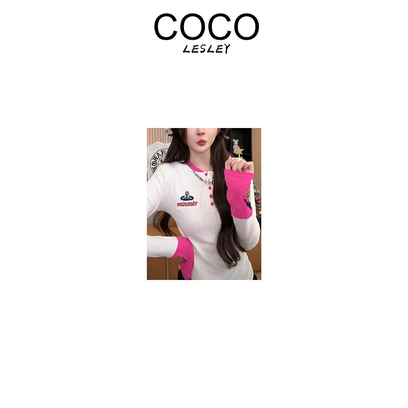 【COCO LESLEY】卡通字母刺绣撞色长袖t恤洋气减龄休闲时尚上衣3081