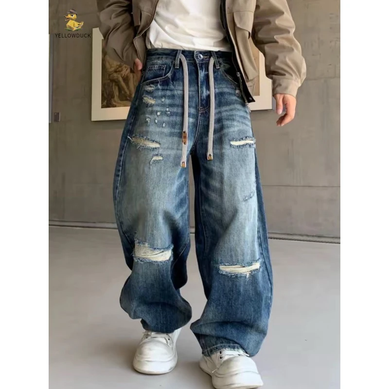 新款美式复古假破洞抽绳设计弯刀牛仔裤宽松休闲小众痞帅直筒裤