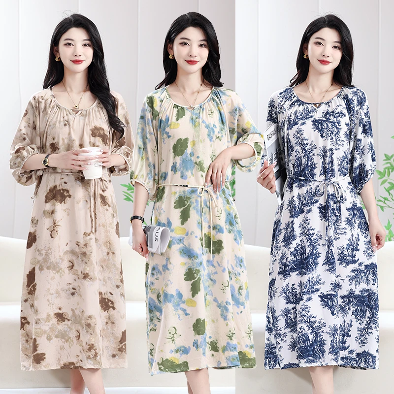 2025年夏季新款大码绵绸宽松印花时尚妈妈装显瘦气质洋气时尚印花