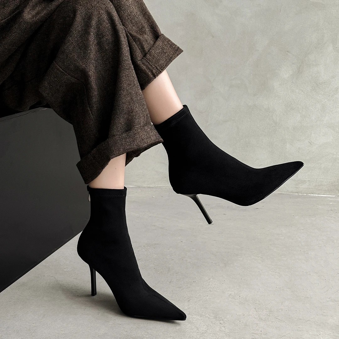 小个子手工女鞋9cm~尖头细跟瘦瘦靴黑色显瘦时装靴阔腿裤必备鞋
