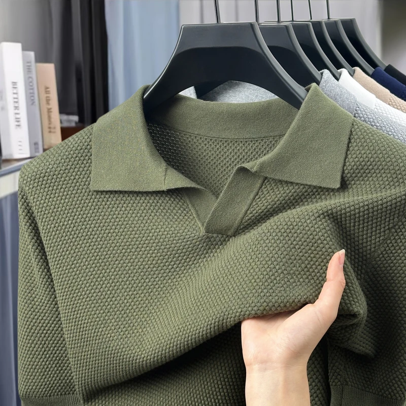 纯色菠萝纹肌理海鸥领夏季清凉透气100棉时尚休闲针织POLO衫短袖T