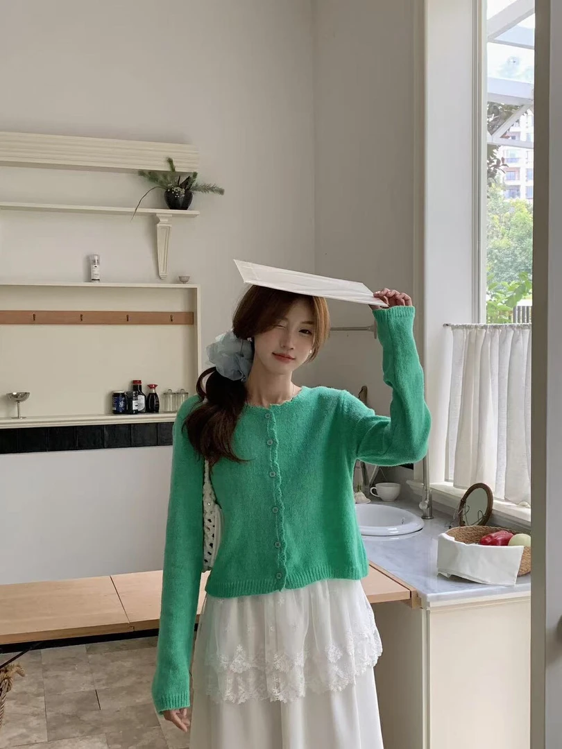 【温柔风】韩系温柔风软糯波浪纹毛衣绿色针织开衫