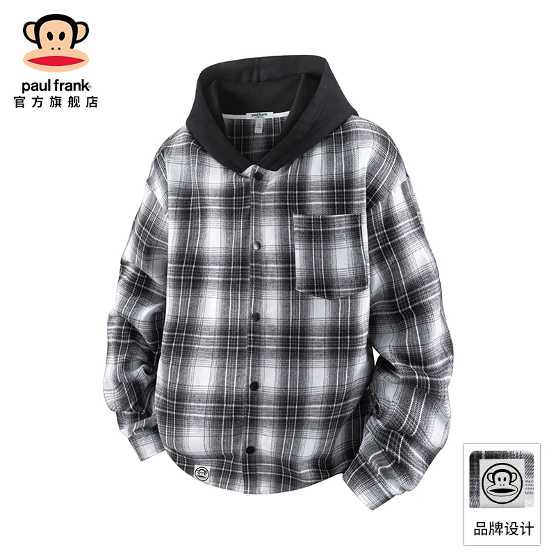 PaulFrank/大嘴猴美式复古格子衬衫男士秋冬新款潮牌撞色连帽外套