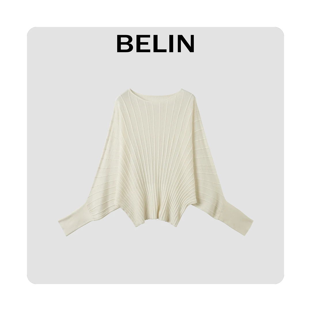 BELIN 时尚一字领绵羊毛线条感针织蝙蝠袖打底衫长袖女25秋季女