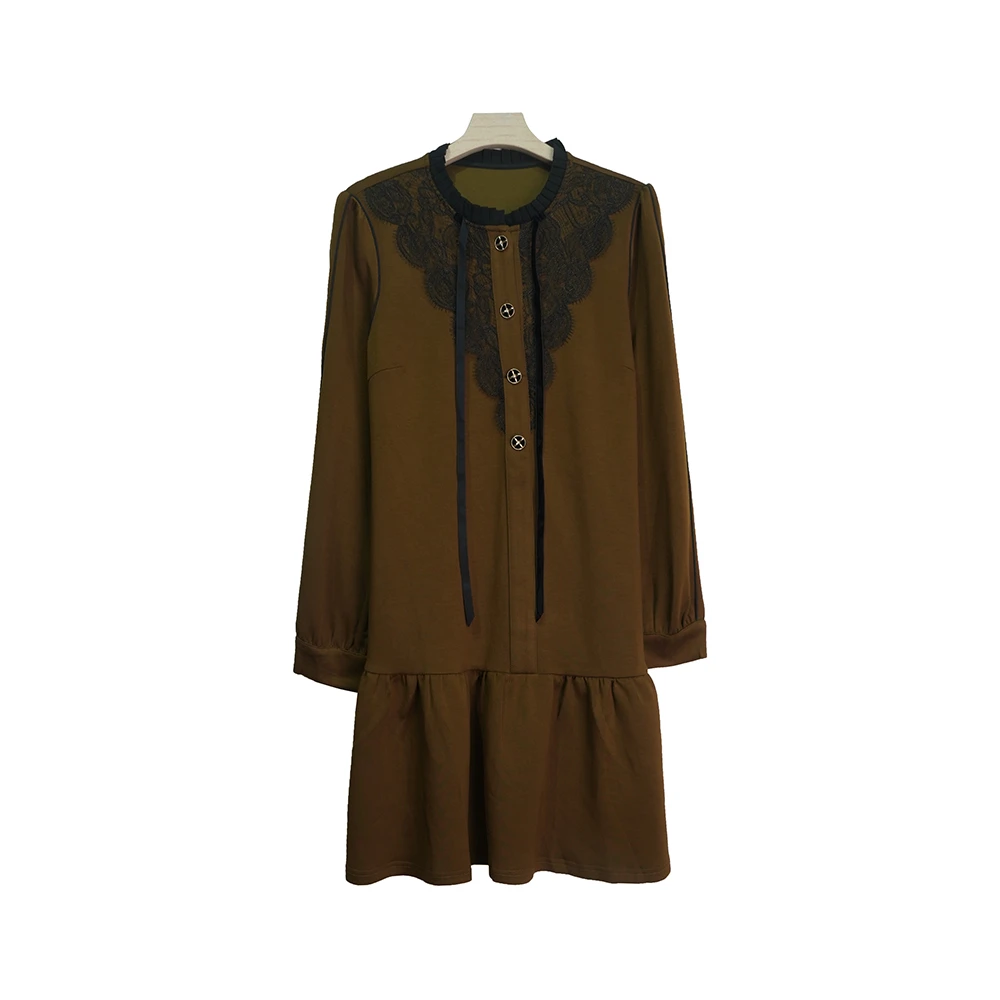 E8833【新款】时尚潮流圆领单排扣碎花边棕色连衣裙