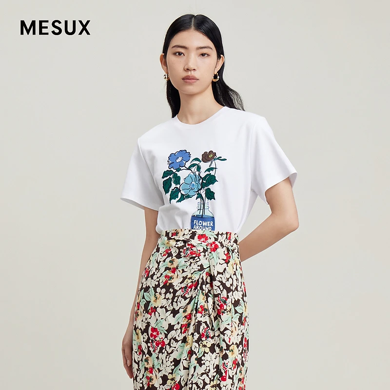MESUX米岫夏季女装印花刺绣百搭休闲短袖T恤女上衣MLMUB314