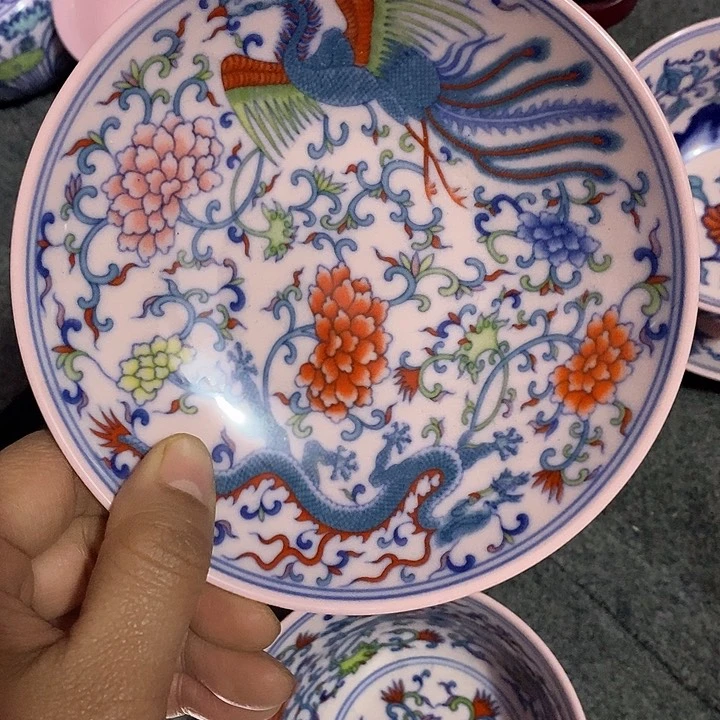 摆件陶5寸红稀土斗彩龙凤窝碟