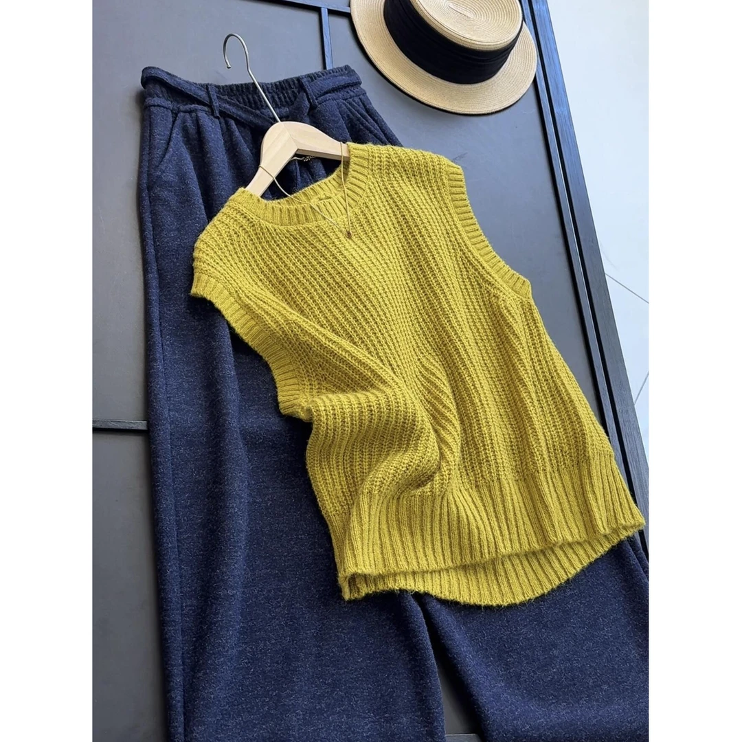 羊毛马海毛混纺 针织无袖马甲女高弹纯色圆领背心宽松上衣