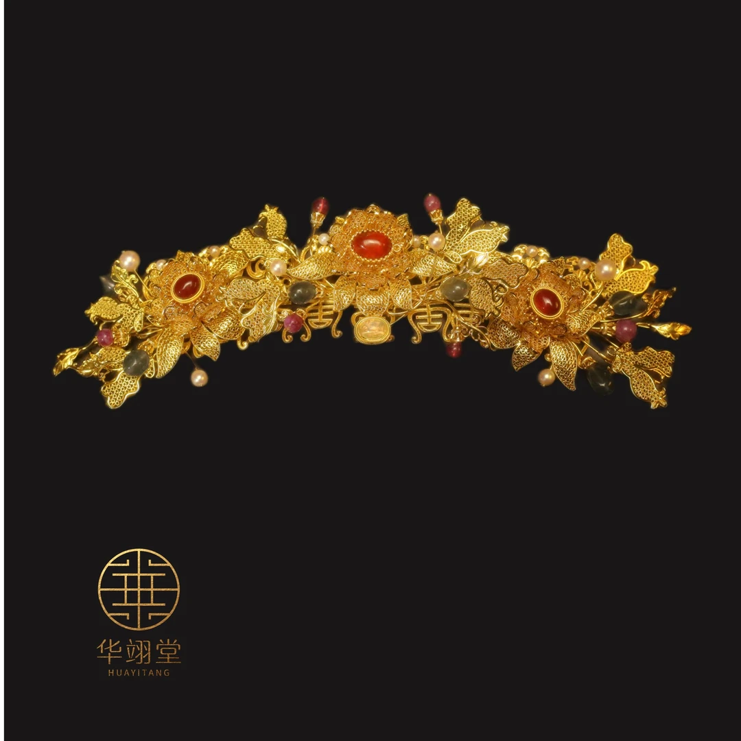铜合金婚庆饰品 华翊堂原色设计金累丝嵌宝石钿头冠