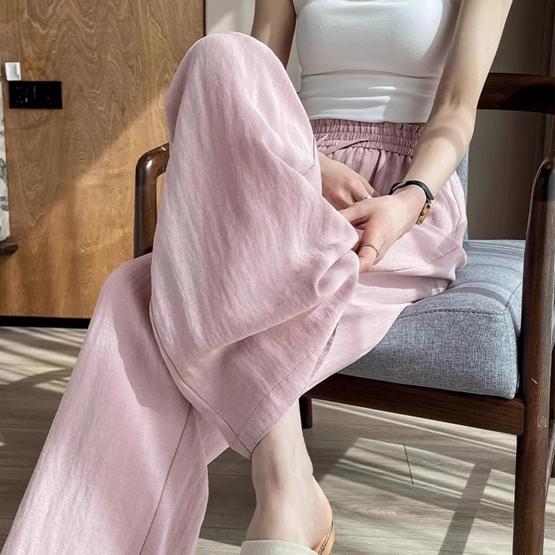 天丝亚麻阔腿裤女2025夏季薄款多巴胺垂感透气显瘦窄版休闲直筒裤