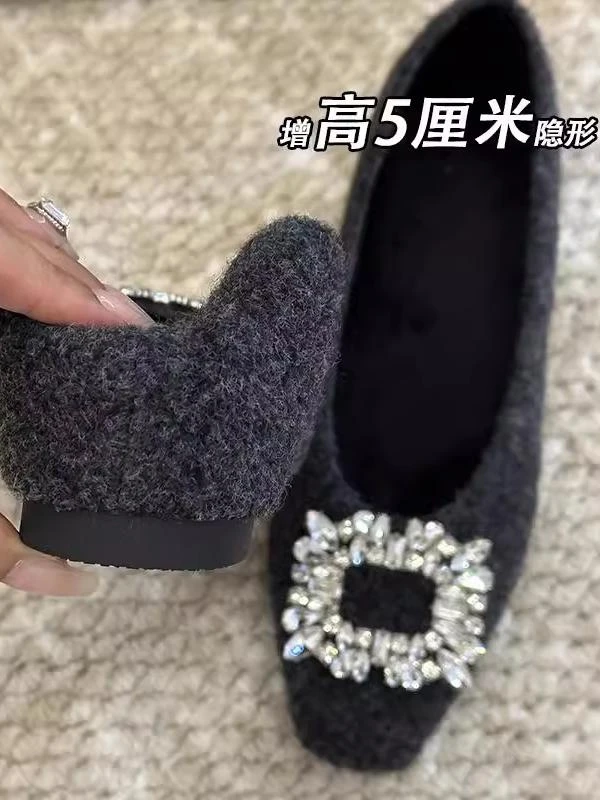 啄木鸟小个子内增高5CM方扣毛毛鞋女冬季加绒保暖浅口玛丽珍鞋女
