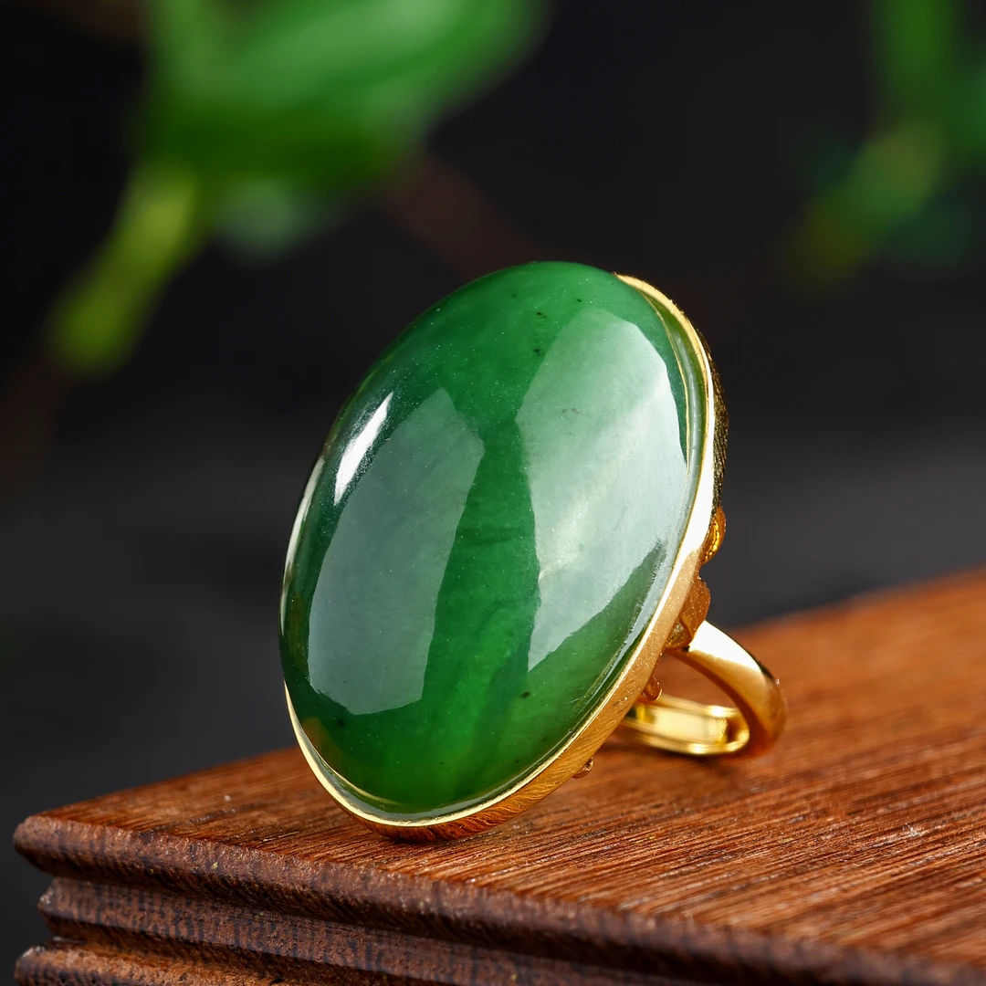 碧玉蛋面戒指活口可调节大蛋面银戒时尚约20*30mm精美