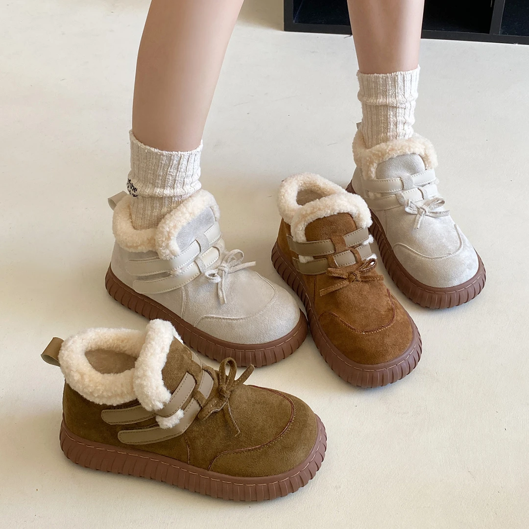 可爱圆头蝴蝶结加绒保暖雪地靴女2025秋冬新款复古防滑羊羔毛棉鞋