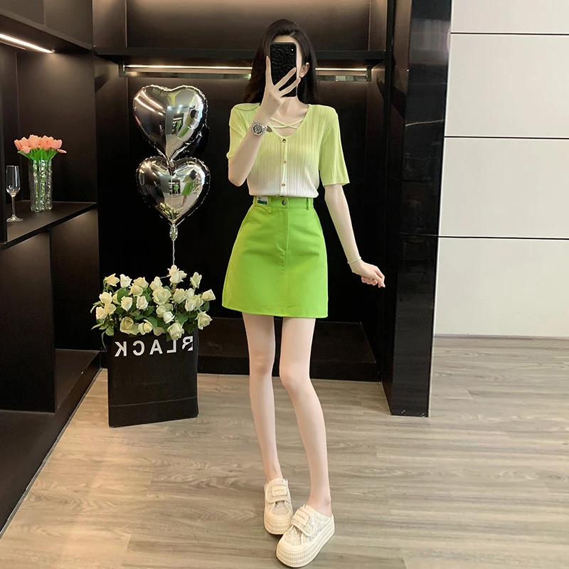 减龄搭配一整套女夏装洋气小个子短袖针织上衣绿色半身短裙两件套