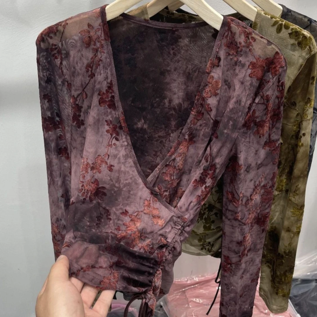 不规则抽绳长袖新款修身网纱打底T恤设计感V领交叉T恤女装春秋衫