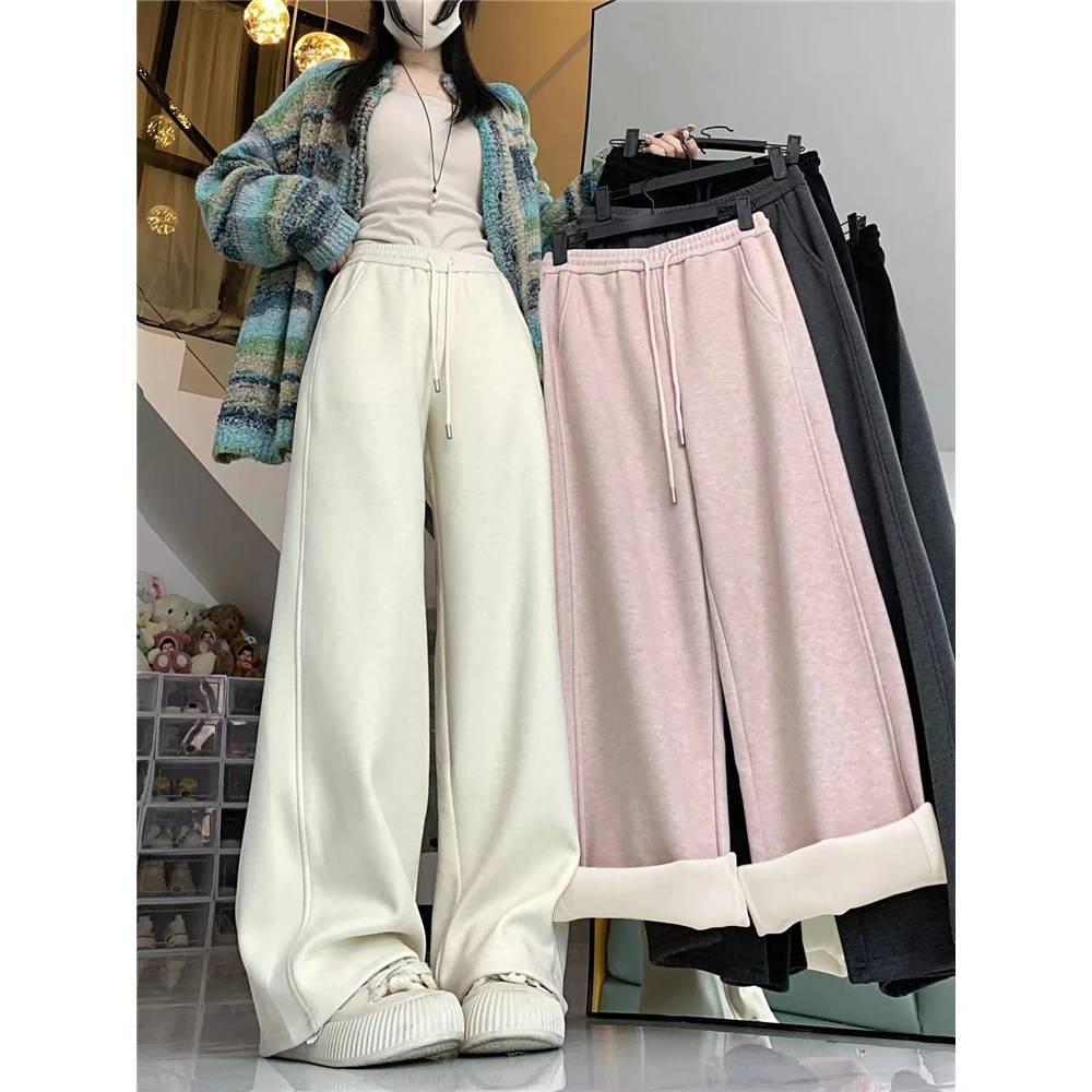 遛弯拖地裤 柔软复合加绒加厚保暖运动卫裤休闲裤阔腿女 16981