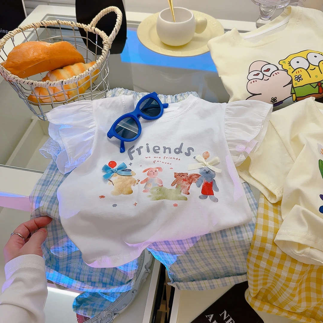 女童纯棉短袖T恤夏装2025新款大儿童韩版百搭女孩宝宝上衣飞飞袖