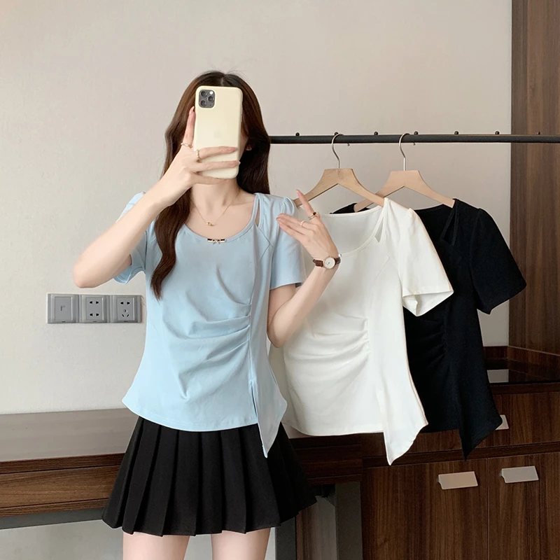 2025夏装新款胖mm大码时尚设计镂空不规则修身短袖T恤洋气衣服女