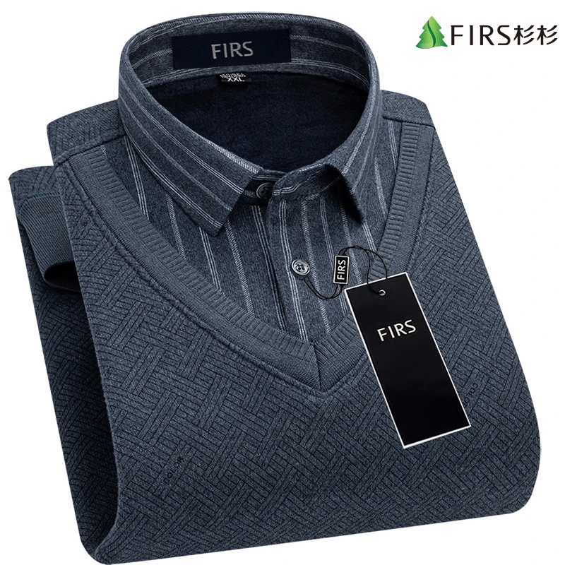 杉杉男士假两件格子衬衫男款长袖加绒加厚商务休闲高档衬衣男款