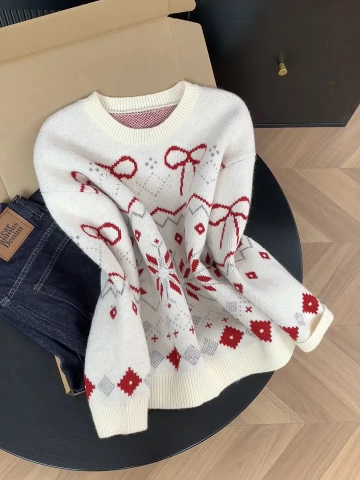 费尔岛毛衣女冬季圣诞穿搭长袖针织衫宽松慵懒氛围感保暖内搭上衣