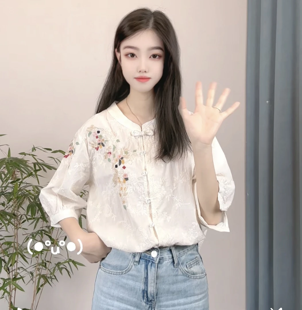 新中式国风复古盘扣小清新刺绣短袖立领纯棉中袖衬衫女装上衣