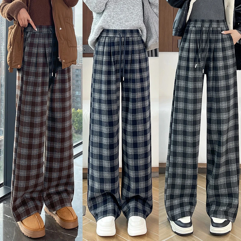 2025秋冬新款复古款式小众拖地阔腿长裤抽绳格纹高腰休闲裤女装