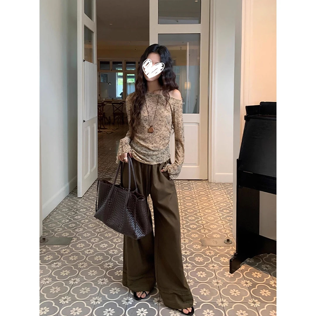 设计感晕染斜肩长袖t恤显瘦不规则木耳边上衣女宽松休闲长裤套装