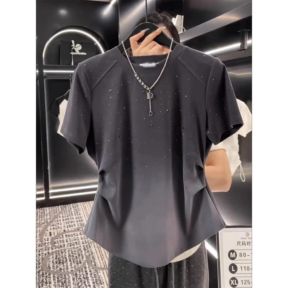 欧货渐变短袖T恤女夏季圆领重工镶钻满天星褶皱收腰高端大牌上衣