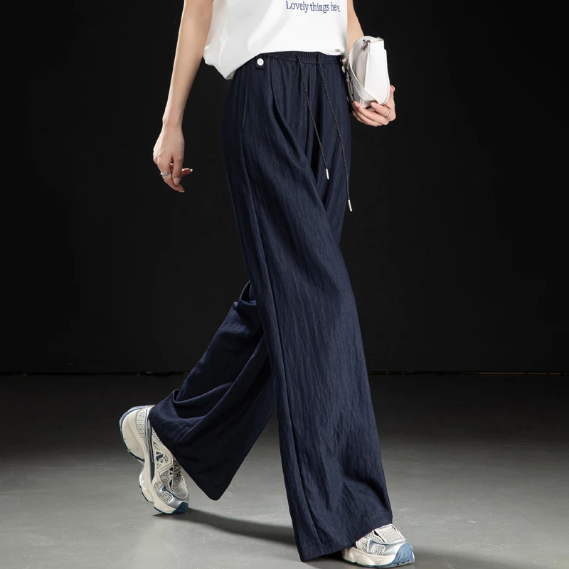 不掉色丹宁蓝阔腿裤女2025新款夏季裤子垂坠感高腰宽松直筒休闲裤