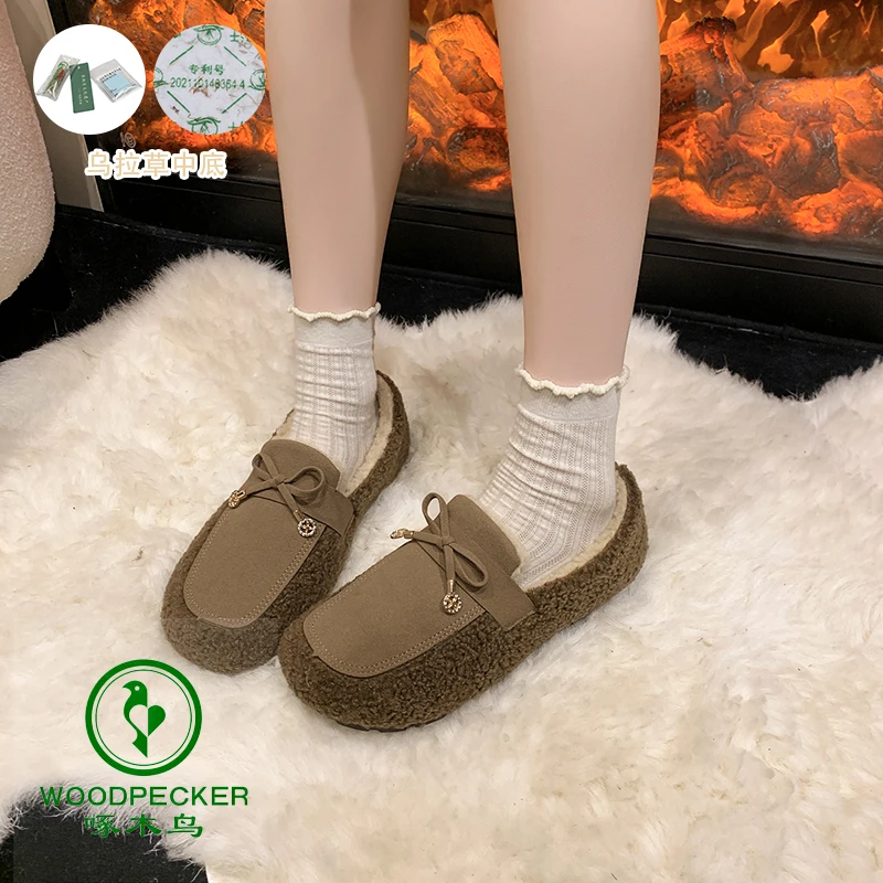 woodpecker/啄木鸟加绒豆豆鞋韩版冬季棉鞋女蝴蝶结防滑女鞋保暖