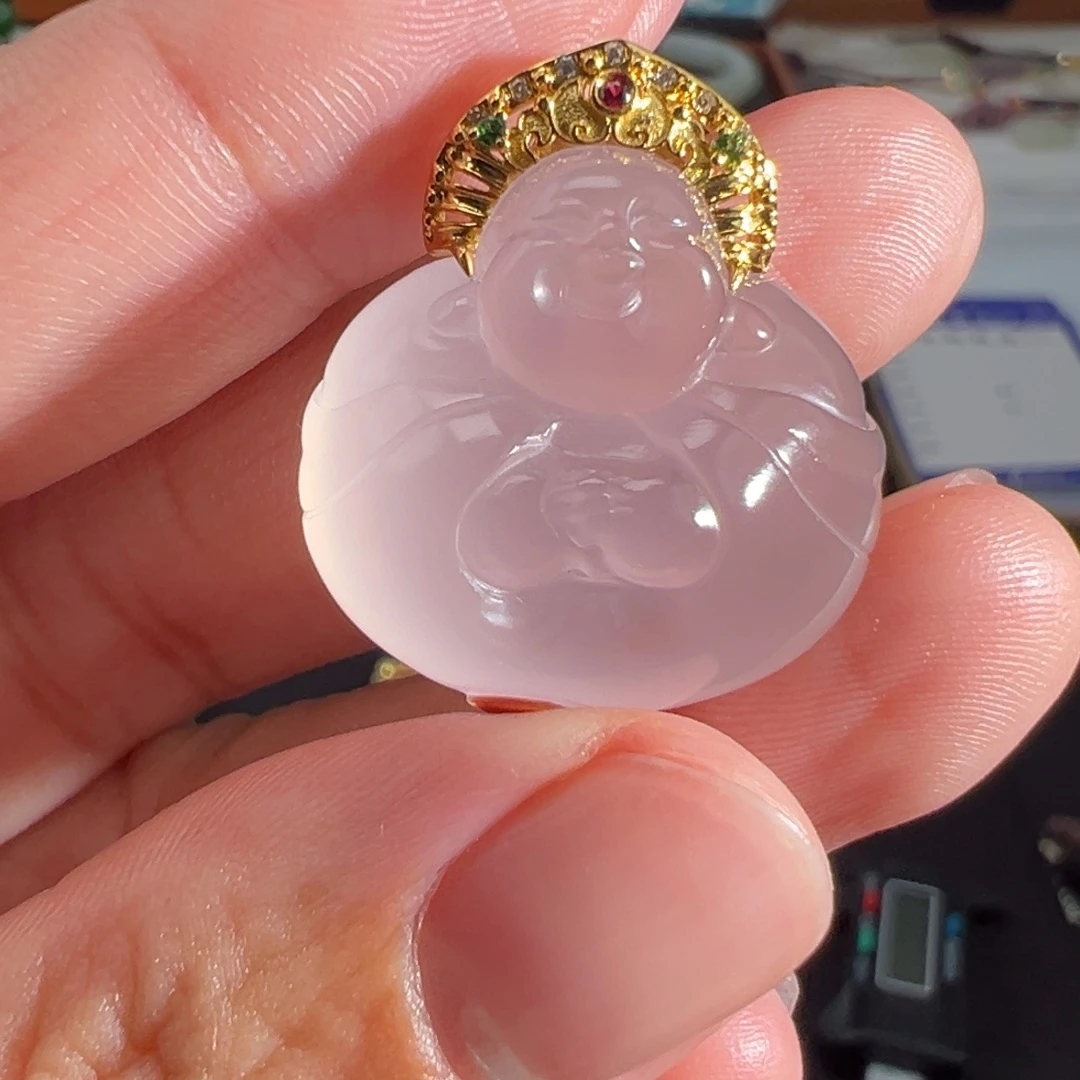南红玛瑙18K金镶嵌颈饰原矿无注胶起荧光饱满抱抱佛
