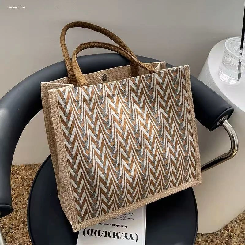 时尚简约条纹手提袋2025新款大容量百搭手提包单肩潮便当托特包