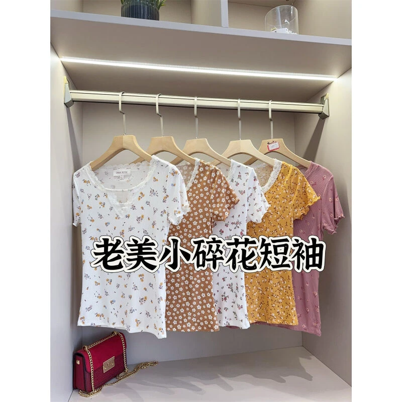 清！心机镂空蕾丝边拼接V领小碎花弹力修身短袖上衣显瘦T恤