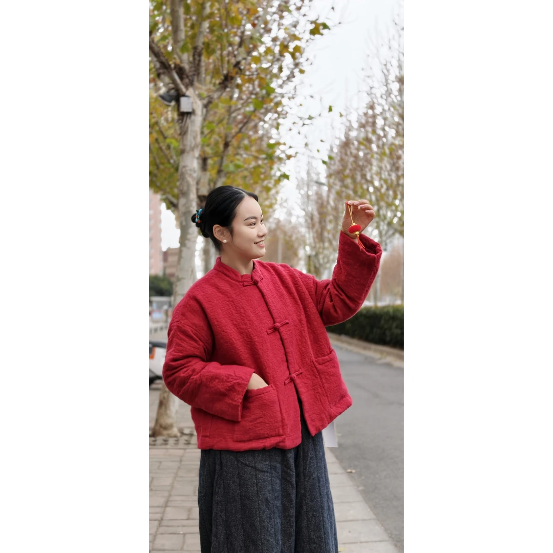 七初的布衣  红红火火拜年服棉  棉麻提花夹棉对襟三盘棉服外套
