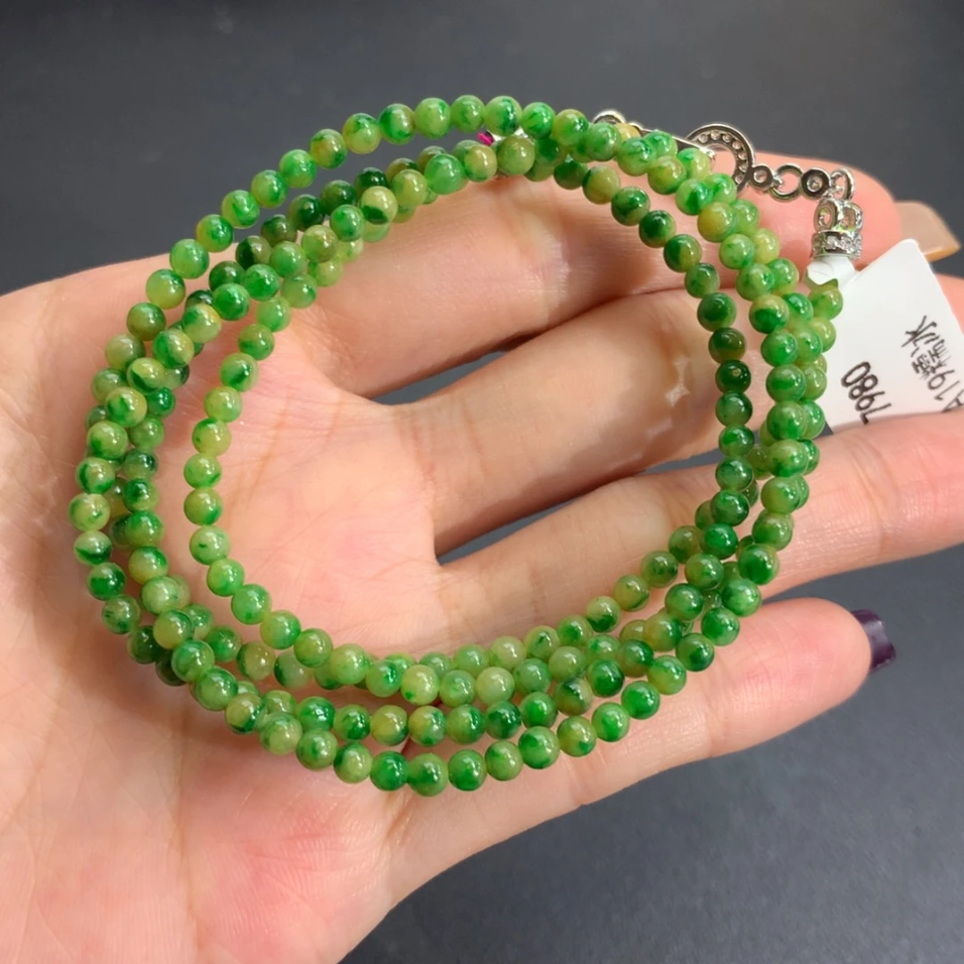 翡翠未镶嵌手串卡3.3细润黄绿飘花小米项链