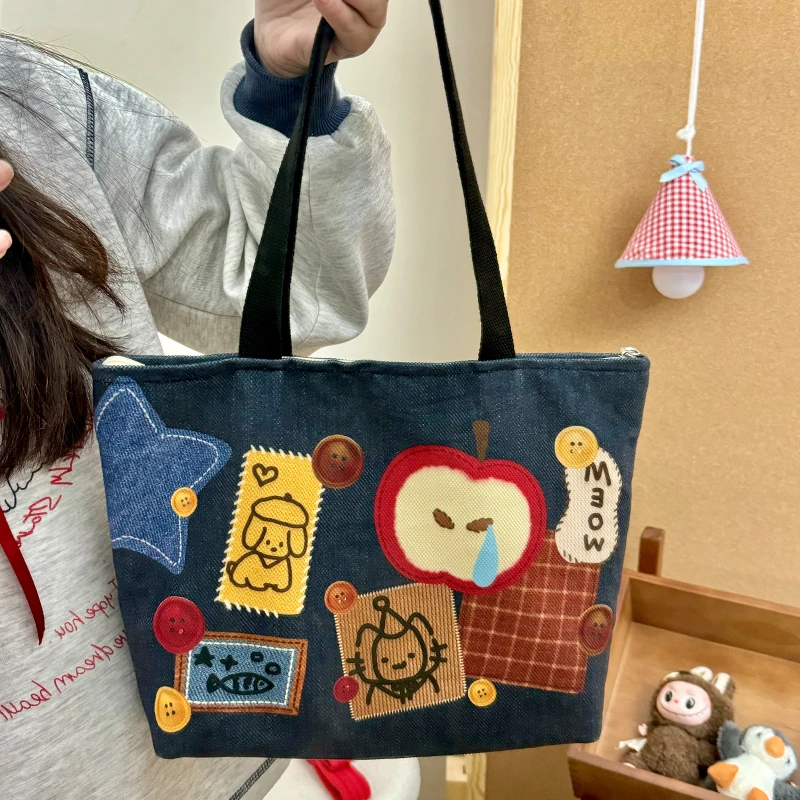 藏青苹果帆布包妈咪包ins上班专用手提袋上班上课百搭通勤包包