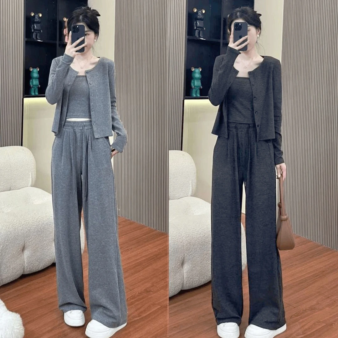 慵懒松弛感运动休闲套装秋季新款显瘦百搭开衫吊带阔腿裤三件套装