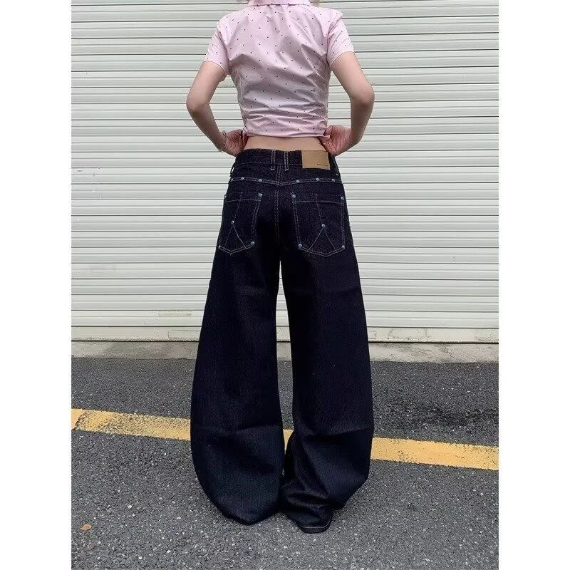 美式复古丹宁原色绿松石弯刀牛仔裤A字直筒阔腿裤显瘦高级感长裤