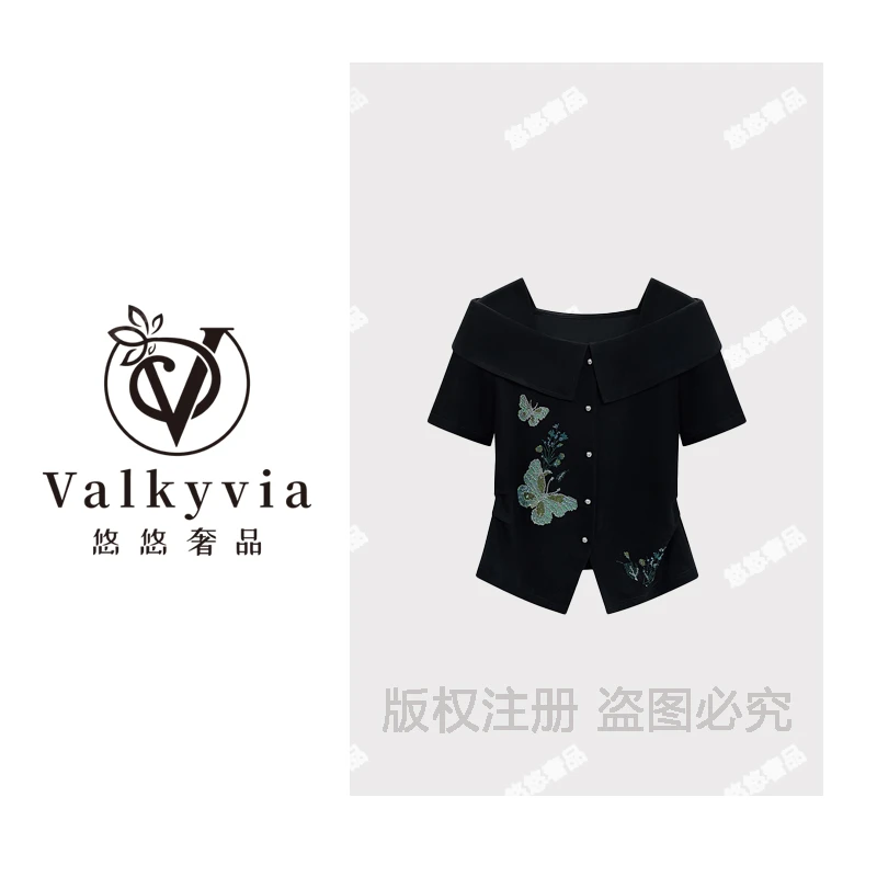 【Valkyvia/悠悠奢品】时尚蝴蝶烫钻休闲百搭短袖针织黑色上衣#0027