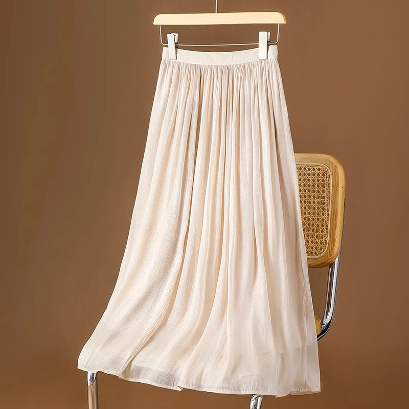 拉夏贝尔松紧中长款半身裙2025年新款高腰小个子显瘦垂感琉璃纱裙