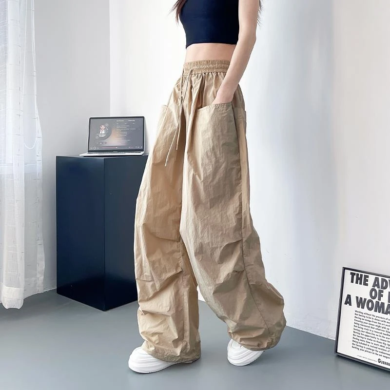 薄款速干工装裤女夏季大码胖mm宽松显瘦阔腿裤高腰抽绳直筒裤