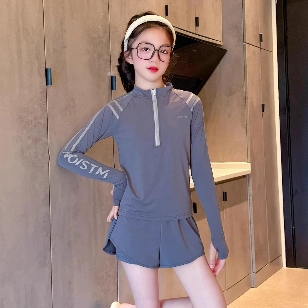 女童泳衣长袖防晒2025夏季新款儿童专业训练游泳衣初中生分体泳装