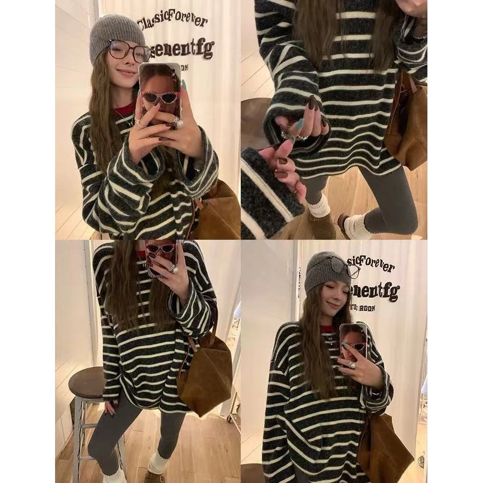 M-5122#『19%羊毛』“海盐奥利奥”慵懒感撞色条纹休闲磨毛针织T